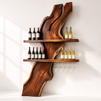 Live Edge Wood Wine Rack With Glass Holder