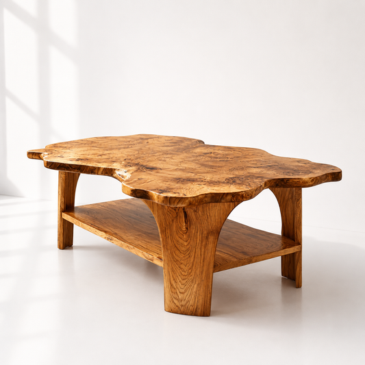 Live Edge Solid Wood Coffee Table With Shelf