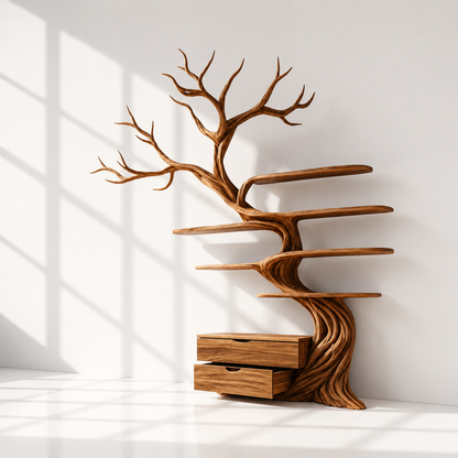 Solid Wood Tree Bookshelf With Drawers